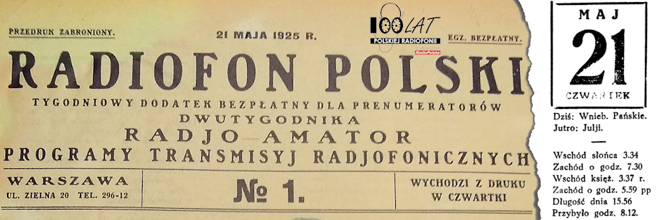 Ilustracja tytułowa dla dnia: 21.05.1925. Fragment okładki pierwszego numeru pisma „Radjofon Polski”. Źródło: „Radjofon Polski” 1/1925 Ilustracja tytułowa dla dnia: 21.05.1925. Fragment okładki pierwszego numeru pisma „Radjofon Polski”. Źródło: „Radjofon Polski” 1/1925