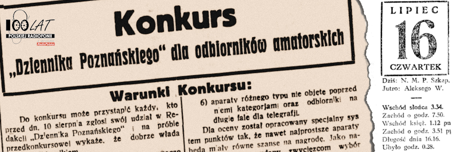 Ilustracja tytułowa dla dnia: 16.07.1925. Zapowiedź konkursu radioamatorskiego „Dziennika Poznańskiego”. Źródło: „Dziennik Poznański”, 15.07.1925