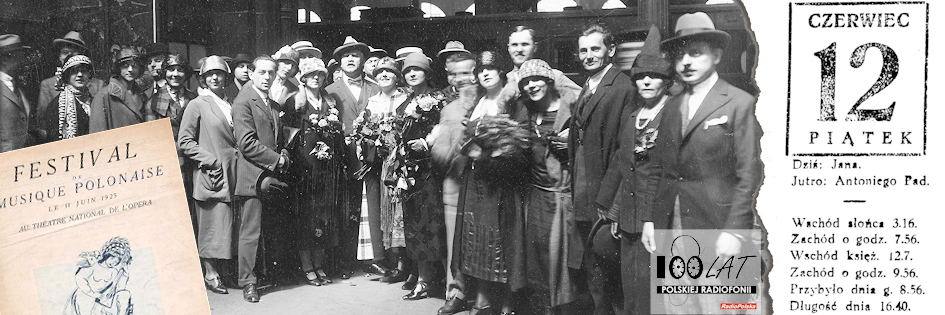 Ilustracja tytułowa dla dnia: 12.06.1925. Zespół baletowy Opery Warszawskiej z dyrektorem Emilem Młynarskim na dworcu w Paryżu i broszura dotycząca festiwalu. Źródło: Narodowe Archiwum Cyfrowe, Śląska Biblioteka Cyfowa: „Festival de Musique Polonaise”, Warszawa 1925