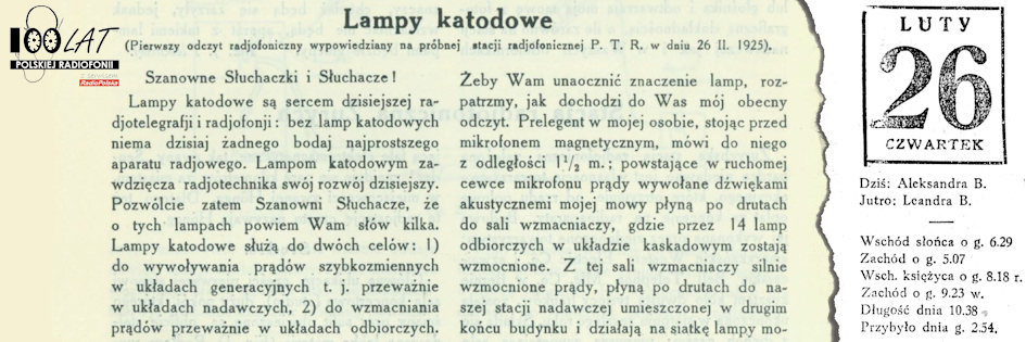 Ilustracja tytułowa dla dnia: 26.02.1925. Fragment przedruku odczytu o lampach katodowych. Źródło: „Radjo dla wszystkich” 4/1925 Ilustracja tytułowa dla dnia: 26.02.1925. Fragment przedruku odczytu o lampach katodowych. Źródło: „Radjo dla wszystkich” 4/1925