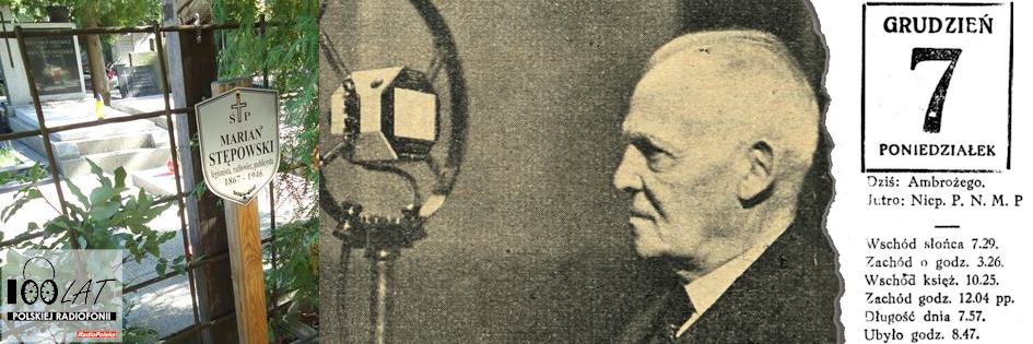 Ilustracja tytułowa dla dnia: 07.12.1925. Marian Stępowski i napis na nagrobku. Źródło: „Rodzina Polska” 3/1939, um.warszawa.pl