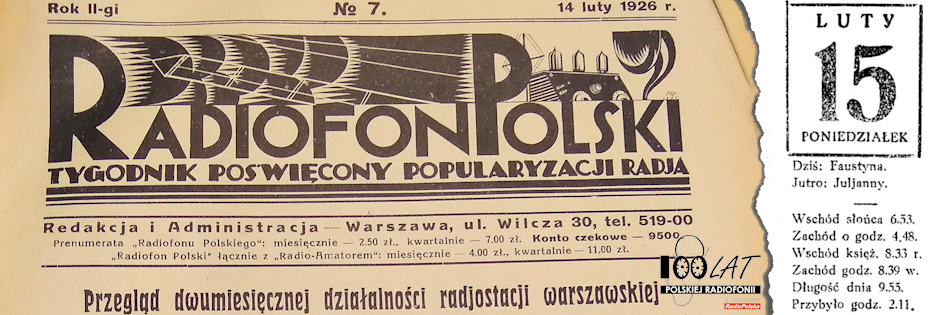 Ilustracja tytułowa dla dnia: 15.02.1926. Fragment pierwszej strony „Radjofonu Polskiego”. Źródło: „Radjofon Polski” 7/1926