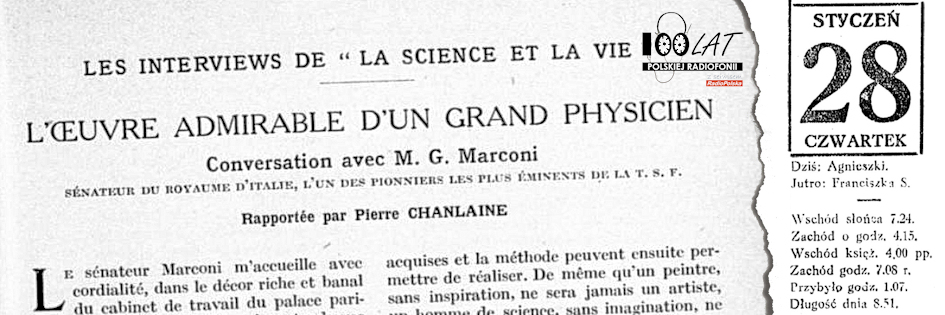 Ilustracja tytułowa dla dnia: 28.01.1926. Fragment wywiadu z Guglielmo Marconim w piśmie „La Science et la vie”. Źródło: „La Science et la vie” 1/1926