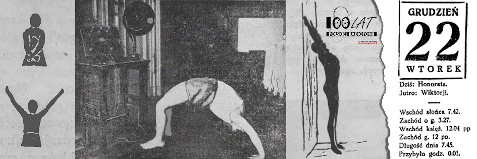 Ilustracja tytułowa dla dnia: 22.12.1925. Obrazki i zdjęcia ilustrujące radiową gimnastykę. Źródło: „Tydzień Radjowy” 44/1928, 37/1929