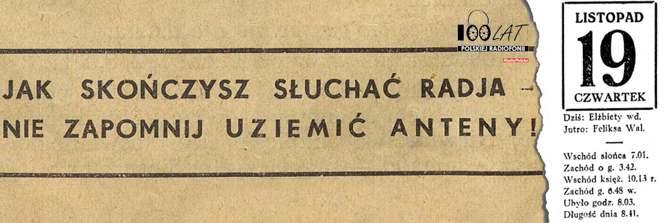 Ilustracja tytułowa dla dnia: 19.11.1925. Hasło z poradnika „Jak założyć radjo?”. Źródło: „Jak założyć radjo? Wskazówki praktyczne”