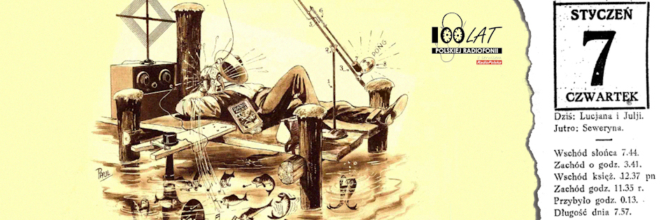 Ilustracja tytułowa dla dnia: 07.01.1926. Łowienie ryb z radiem na obrazku w piśmie „Radio News”. Źródło: „Radio News” 9/1925