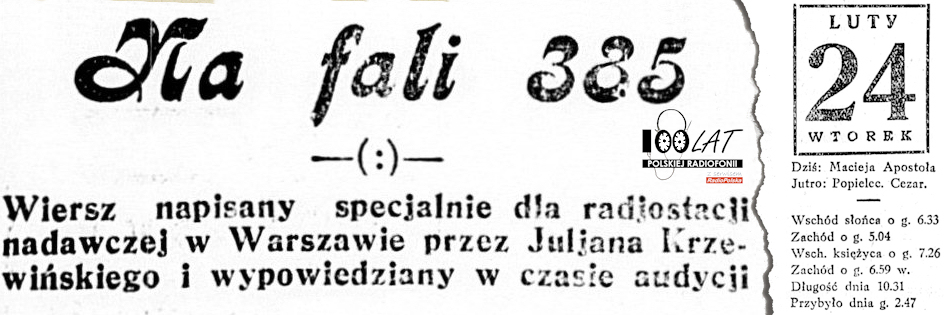 Ilustracja tytu?owa dla dnia: 24.02.1925. Tekst zapowiadaj?cy wiersz Na fali 385. ?r?d?o: ?Polska Zbrojna?, 25.02.1925