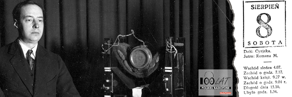 Ilustracja tytułowa dla dnia: 08.08.1925. Alojzy Kaszyn przed mikrofonem stacji PTR. Źródło: Narodowe Archiwum Cyfrowe