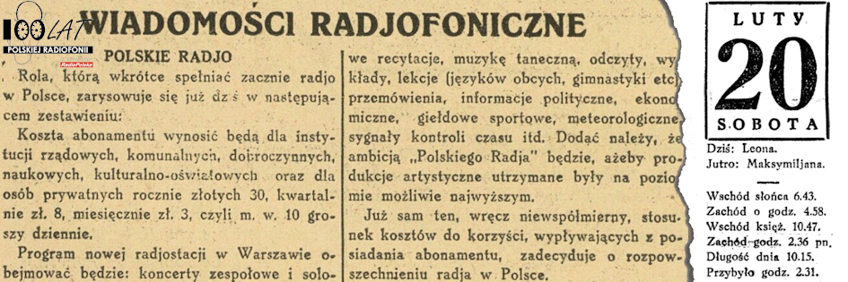 Ilustracja tytułowa dla dnia: 20.02.1926. Artykuł o planach Polskiego Radia w „Echu Warszawskim”. Źródło: „Echo Warszawskie”, 20.02.1926