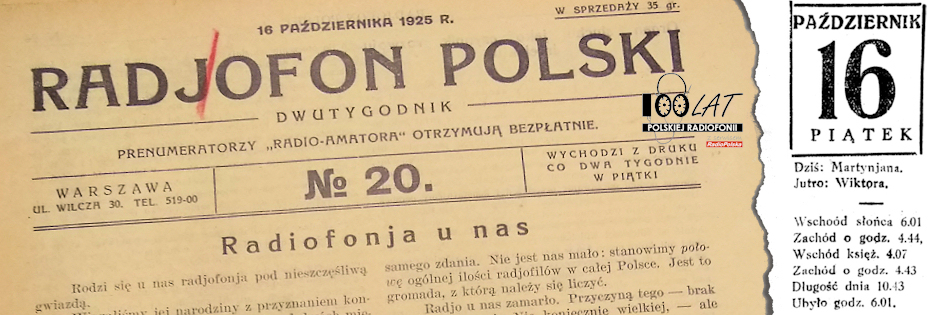 Ilustracja tytułowa dla dnia: 16.10.1925. Pierwsza strona „Radjofonu Polskiego” z 16.10.1925. Źródło: „Radjofon Polski” 20/1925