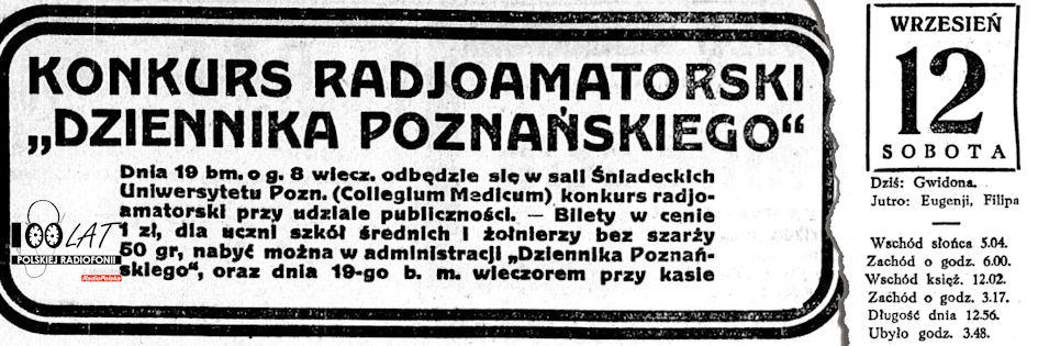 Ilustracja tytułowa dla dnia: 12.09.1925. Reklama konkursu radioamatorskiego „Dziennika Poznańskiego”. Źródło: „Dziennik Poznański”, 20.09.1925