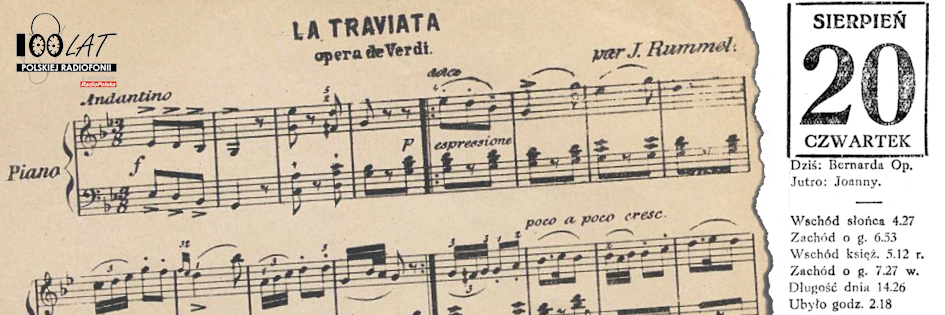 Ilustracja tytułowa dla dnia: 20.08.1925. Zapis nutowy początku opery „Traviata” Giuseppe Verdiego. Źródło: Polona.pl Ilustracja tytułowa dla dnia: 20.08.1925. Zapis nutowy początku opery „Traviata” Giuseppe Verdiego. Źródło: Polona.pl