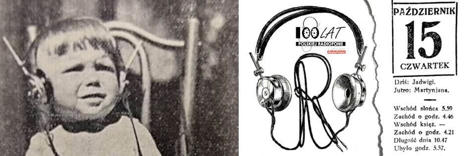 Ilustracja tytułowa dla dnia: 15.10.1925. Danusia z Mińska Mazowieckiego i fragment reklamy słuchawek. Źródło: „Radio-Amator” 15-16/1925, „Radio News” 01/1925 Ilustracja tytułowa dla dnia: 15.10.1925. Danusia z Mińska Mazowieckiego i fragment reklamy słuchawek. Źródło: „Radio-Amator” 15-16/1925, „Radio News” 01/1925