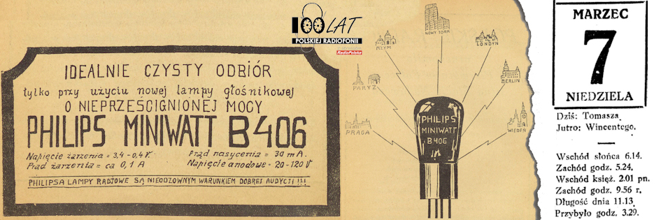 Ilustracja tytułowa dla dnia: 07.03.1926. Reklama lampy Philips B.406. Źródło: „Pierwsza Ogólnokrajowa Wystawa Radiowa – informator”