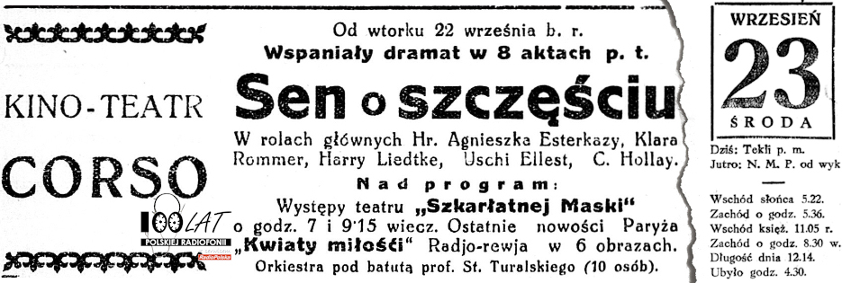 Ilustracja tytułowa dla dnia: 23.09.1925. Reklama radio-rewii „Kwiaty miłości”. Źródło: „Ziemia Lubelska”, 22.09.1925