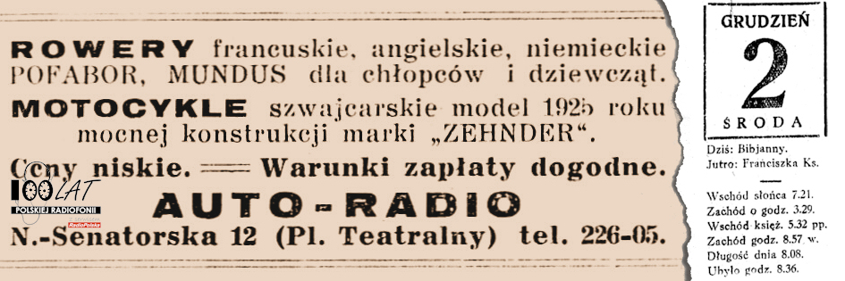 Ilustracja tytułowa dla dnia: 02.12.1925. Reklama firmy Auto-Radio. Źródło: „Stadjon” 25/1925