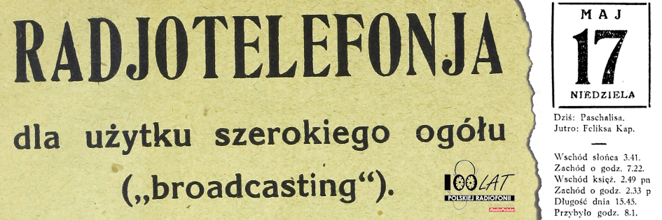 Ilustracja tytułowa dla dnia: 17.05.1925. Tytuł książki „Radjotelefonia dla użytku szerokiego ogółu („broadcasting”). Źródło: Polona.pl Ilustracja tytułowa dla dnia: 17.05.1925. Tytuł książki „Radjotelefonia dla użytku szerokiego ogółu („broadcasting”). Źródło: Polona.pl