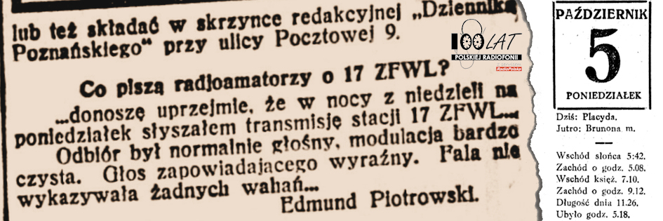 Ilustracja tytułowa dla dnia: 05.10.1925. Fragment kolumny „Radjo” „Dziennika Poznańskiego”. Źródło: „Dziennik Poznański”, 8.10.1925 Ilustracja tytułowa dla dnia: 05.10.1925. Fragment kolumny „Radjo” „Dziennika Poznańskiego”. Źródło: „Dziennik Poznański”, 8.10.1925