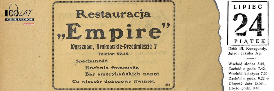 Ilustracja tytułowa dla dnia: 24.07.1925. Reklama Restauracji Empire. Źródło: „Kalendarz Informacyjno-Encyklopedyczny na rok 1925”, Warszawa 1925