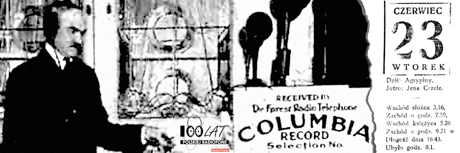 Ilustracja tytułowa dla dnia: 23.06.1925. Lee De Forest emitujący płyty wytwórni Columbia w stacji 2XG. Źródło: Wikipedia (https://commons.wikimedia.org/wiki/File:1916_Lee_DeForest_Columbia_broadcast_at_2XG.JPG) Ilustracja tytułowa dla dnia: 23.06.1925. Lee De Forest emitujący płyty wytwórni Columbia w stacji 2XG. Źródło: Wikipedia (https://commons.wikimedia.org/wiki/File:1916_Lee_DeForest_Columbia_broadcast_at_2XG.JPG)