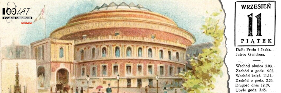 Ilustracja tytułowa dla dnia: 11.09.1925. Pocztówka prezentująca Royal Albert Hall. Źródło: Wikipedia (https://en.wikipedia.org/wiki/File:Albert_Hall_and_Albert_Memorial_Postcard_c1903.png)