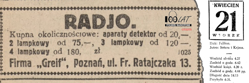 Ilustracja tytu?owa dla dnia: 21.04.1925. Reklama pozna?skiej firmy Greif. ?r?d?o: ?Elektro- i Radjotechnika? 1/1926 Ilustracja tytu?owa dla dnia: 21.04.1925. Reklama pozna?skiej firmy Greif. ?r?d?o: ?Elektro- i Radjotechnika? 1/1926