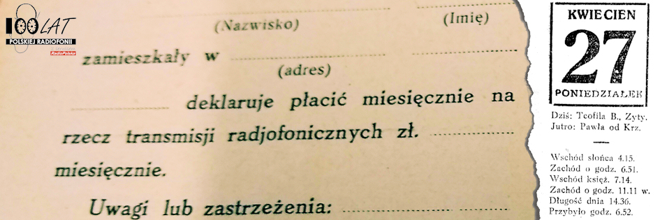 Ilustracja tytu?owa dla dnia: 27.04.1925. Deklaracja comiesi?cznych wp?at na stacj? PTR. ?r?d?o: ?Radio-Amator? 8/1925 Ilustracja tytu?owa dla dnia: 27.04.1925. Deklaracja comiesi?cznych wp?at na stacj? PTR. ?r?d?o: ?Radio-Amator? 8/1925