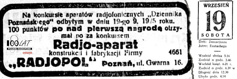 Ilustracja tytułowa dla dnia: 19.09.1925. Reklama firmy Radjopol z Poznania. Źródło: „Dziennik Poznański”, 27.09.1925 Ilustracja tytułowa dla dnia: 19.09.1925. Reklama firmy Radjopol z Poznania. Źródło: „Dziennik Poznański”, 27.09.1925