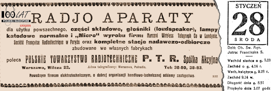 Ilustracja tytu?owa dla dnia: 28.01.1925. Reklama Polskiego Towarzystwa Radjotechnicznego w ?Kurjerze Polskim?. ?r?d?o: ?Kurjer Polski?, 18.09.1924