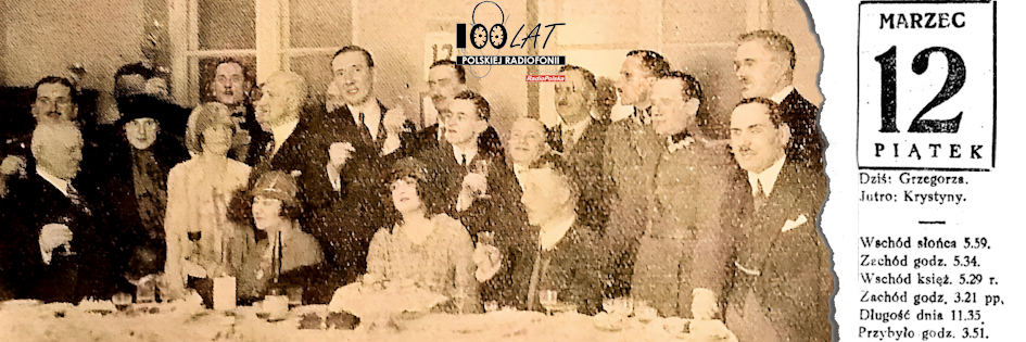 Ilustracja tytułowa dla dnia: 12.03.1926. Bankiet z okazji setnej transmisji stacji PTR. Źródło: „Radjofon Polski” 12/1926 Ilustracja tytułowa dla dnia: 12.03.1926. Bankiet z okazji setnej transmisji stacji PTR. Źródło: „Radjofon Polski” 12/1926