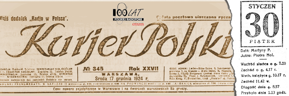 Ilustracja tytu?owa dla dnia: 30.01.1925. Fragment pierwszej strony ?Kurjera Polskiego? z 17.12.1924. ?r?d?o: ?Kurjer Polski?, 17.12.1924