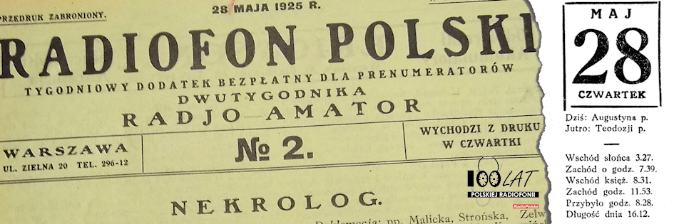 Ilustracja tytułowa dla dnia: 28.05.1925. Fragment pierwszej strony drugiego numeru „Radjofonu Polskiego”. Źródło: „Radjofon Polski” 2/1925 Ilustracja tytułowa dla dnia: 28.05.1925. Fragment pierwszej strony drugiego numeru „Radjofonu Polskiego”. Źródło: „Radjofon Polski” 2/1925