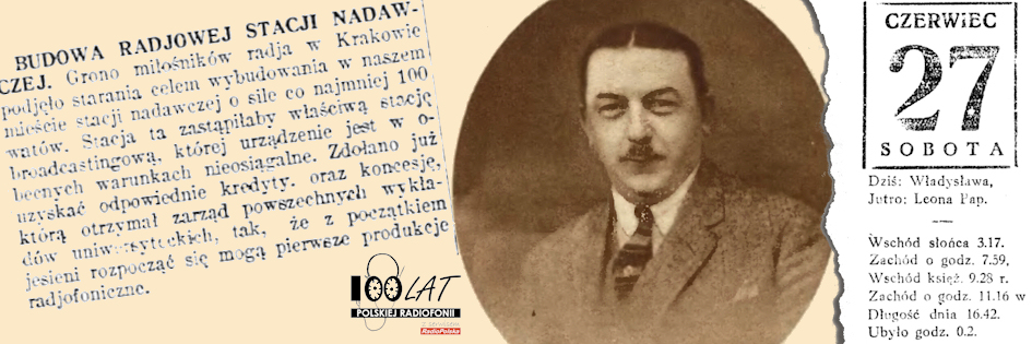 Ilustracja tytułowa dla dnia: 27.06.1925. Notatka z „Nowej Reformy” oraz twórca krakowskiej stacji Aleksander Skrypczenko. Źródło: „Nowa Reforma”, 27.06.1925, „Światowid” 10/1925