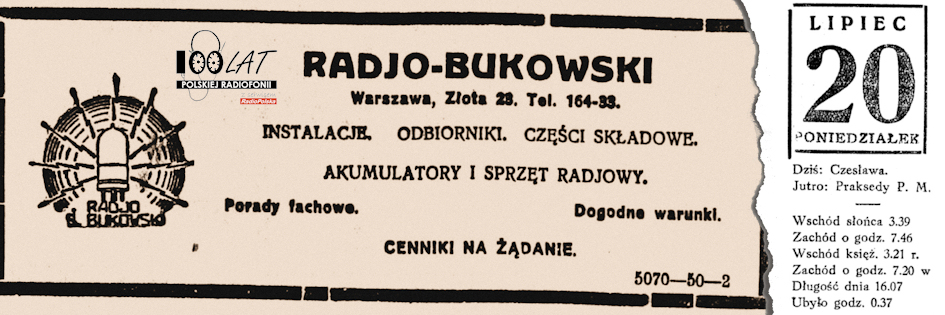 Ilustracja tytułowa dla dnia: 20.07.1925. Reklama firmy Radio-Bukowski w „Rzeczpospolitej”. Źródło: „Rzeczpospolita”, 13.09.1925