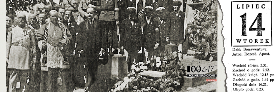 Ilustracja tytułowa dla dnia: 14.07.1925. Obchody święta narodowego Francji w Warszawie. Biskup Stanisław Gall i ambasador Francji Hector André de Panafieu składają wieńce na grobie poległych w Polsce żołnierzy francuskich. Źródło: „Tygodnik Illustrowany” 30/1925