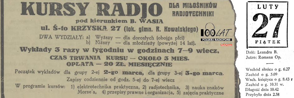 Ilustracja tytu?owa dla dnia: 27.02.1925. Reklama kurs?w radiowych. ?r?d?o: ?Express Poranny?, 26.02.1925