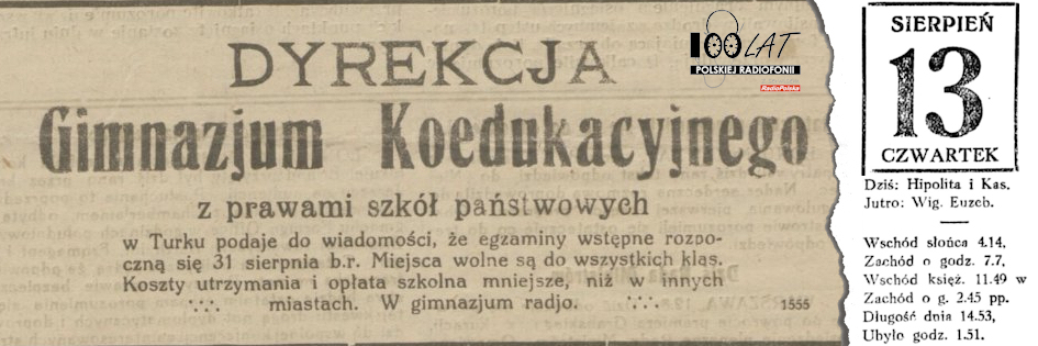 Ilustracja tytułowa dla dnia: 13.08.1925. Reklama Gimnazjum Koedukacyjnego w Turku w „Gazecie Kaliskiej”. Źródło: „Gazeta Kaliska”, 13.08.1925