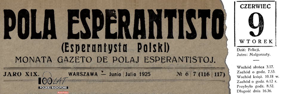 Ilustracja tytułowa dla dnia: 09.06.1925. Fragment pierwszej strony pisma „Esperantysta Polski”. Źródło: „Esperantysta Polski” 6-7/1925 Ilustracja tytułowa dla dnia: 09.06.1925. Fragment pierwszej strony pisma „Esperantysta Polski”. Źródło: „Esperantysta Polski” 6-7/1925