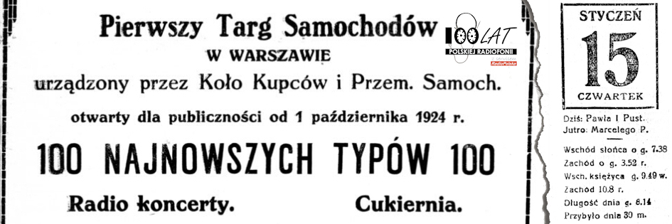 Ilustracja tytu?owa dla dnia: 15.01.1925. Reklama Pierwszego Targu Samochod?w w Warszawie w ?Nowej Ziemii Lubelskiej?. ?r?d?o: ?Nowa Ziemia Lubelska?, 12.10.1924