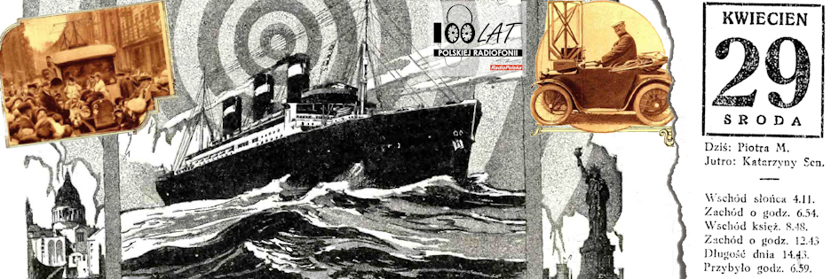 Ilustracja tytu?owa dla dnia: 29.04.1925. Zdj?cia przedstawiaj?ce radio w samochodach oraz reklama radia na statku z pisma ?Radio News?. ?r?d?o: ?Radio News? 11/1924, 4/1925