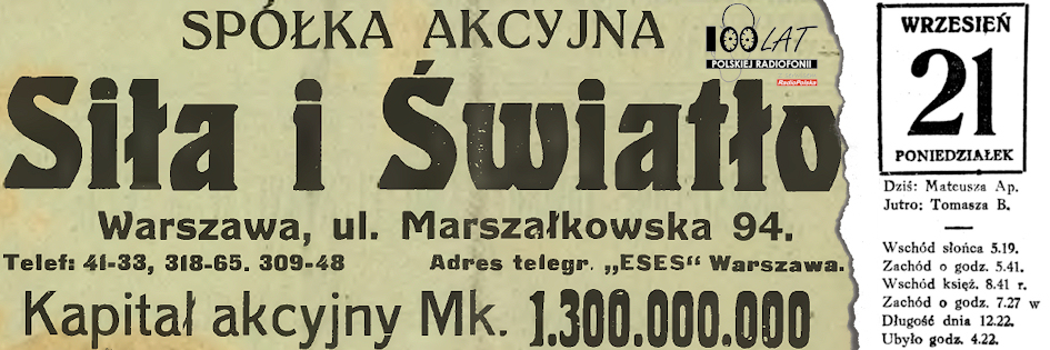 Ilustracja tytułowa dla dnia: 21.09.1925. Reklama spółki Siła i Światło w „Przeglądzie Elektrotechnicznym”. Źródło: „Przegląd Elektrotechniczny” 19/1924 Ilustracja tytułowa dla dnia: 21.09.1925. Reklama spółki Siła i Światło w „Przeglądzie Elektrotechnicznym”. Źródło: „Przegląd Elektrotechniczny” 19/1924