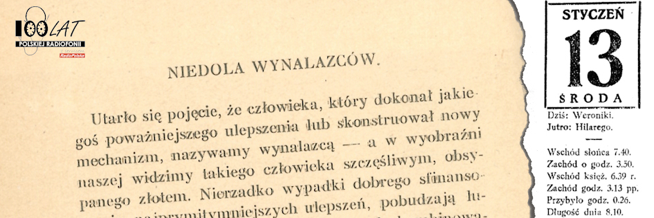 Ilustracja tytułowa dla dnia: 13.01.1926. Początek rozdziału „Niedole wynalazców”. Źródło: Eugeniusz Porębski „Cuda techniki”, Warszawa 1929
