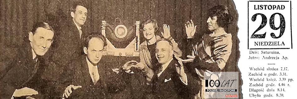 Ilustracja tytułowa dla dnia: 29.11.1925. Scena finałowa „Warszawianki” w studiu stacji PTR. Źródło: „Radjofon Polski” 2/1926