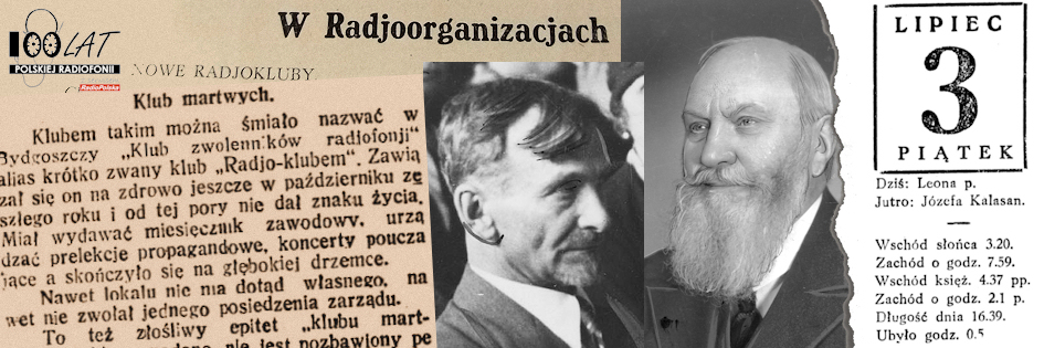 Ilustracja tytułowa dla dnia: 03.07.1925. Tadeusz Chmielarski (z lewej), wiceprezydent Bydgoszczy, I wiceprezes radioklubu, Bolesław Kasprowicz (z prawej), prezydent Izby Przemysłowo-Handlowej w Bydgoszczy, prezes bydgoskiego radioklubu, artykuł „Dziennika Poznańskiego”. Źródło: „Dziennik Poznański”, 3.07.1925, Narodowe Archiwum Cyfrowe, tło z „Radio-Amatora”