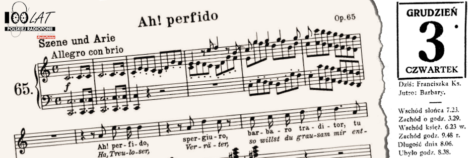 Ilustracja tytułowa dla dnia: 03.12.1925. Fragment zapisu nutowego utworu „Ah Perfido” Ludwiga van Beethovena. Źródło: imslp.org