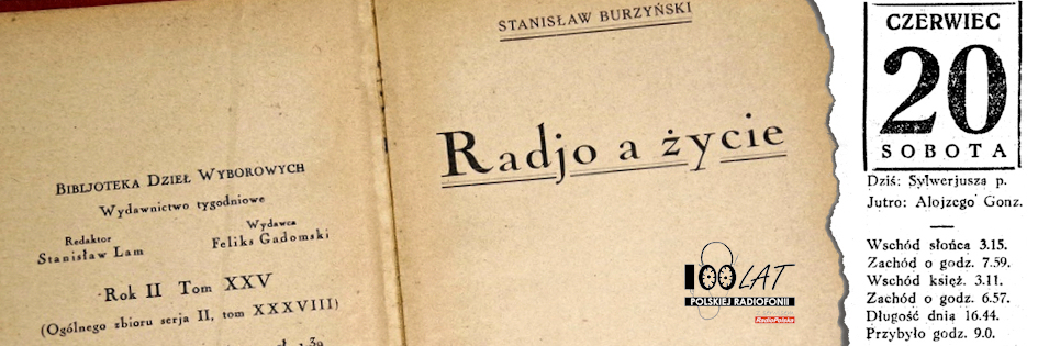 Ilustracja tytułowa dla dnia: 20.06.1925. Fragment pierwszej strony książki „Radjo a życie” Stanisława Burzyńskiego. Źródło: Stanisław Burzyński „Radio a życie”, Warszawa 1925