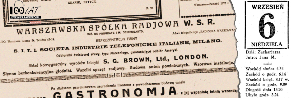 Ilustracja tytułowa dla dnia: 06.09.1925. Reklama Warszawskiej Spółki Radjowej w „Rzeczpospolitej”. Źródło: „Rzeczpospolita”, 13.09.1925 Ilustracja tytułowa dla dnia: 06.09.1925. Reklama Warszawskiej Spółki Radjowej w „Rzeczpospolitej”. Źródło: „Rzeczpospolita”, 13.09.1925