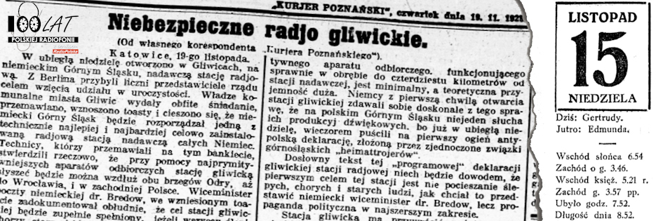 Ilustracja tytułowa dla dnia: 15.11.1925. Fragment artykułu „Niebezpieczne radjo gliwickie”. Źródło: „Kurjer Poznański”, 19.11.1925