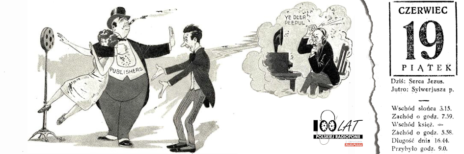 Ilustracja tytułowa dla dnia: 19.06.1925. Obrazek ilustrujący artykuł o prawach autorskich w radiu w piśmie „Radio News”. Źródło: „Radio News” 5/1925