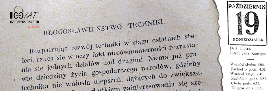 Ilustracja tytułowa dla dnia: 19.10.1925. Początek rozdziału „Błogosławieństwo techniki”. Źródło: Eugeniusz Porębski „Cuda techniki”, Warszawa 1929 Ilustracja tytułowa dla dnia: 19.10.1925. Początek rozdziału „Błogosławieństwo techniki”. Źródło: Eugeniusz Porębski „Cuda techniki”, Warszawa 1929